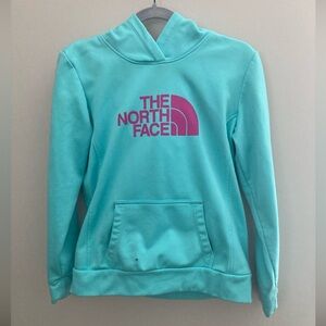 The North Face Hoodie Womens Medium Teal Sweatshirt Kangaroo Pocket Pink Logo